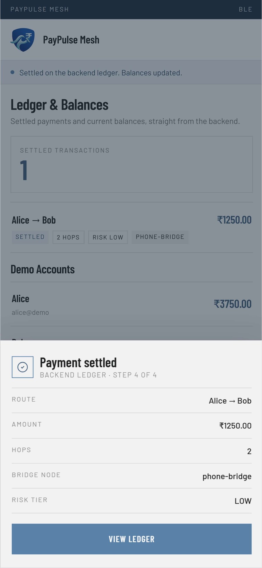 Ledger and balances after the payment is settled on the backend
